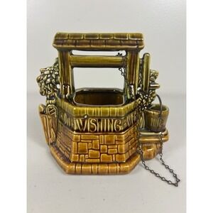 McCoy USA Vintage Ceramic Wishing Well Planter Green Brown Drip Glaze 6 Inch MCM